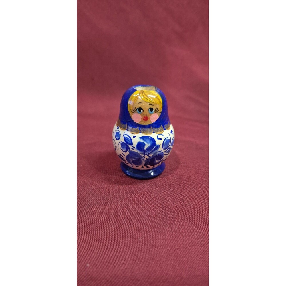 Miniature 2" Wooden Russian Nesting Doll Toothpick Holder Blue White Gzhel EUC